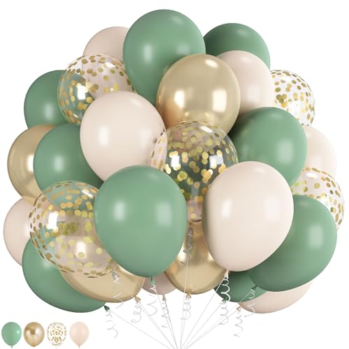 Image of Sage Green Gold Balloons, 60 Pcs 12 Inch Olive Green White Balloons with Metallic Gold Confetti Balloon for Birthday Wedding Baby Shower Bridal Shower Engagement Anniversaries Party Decorations