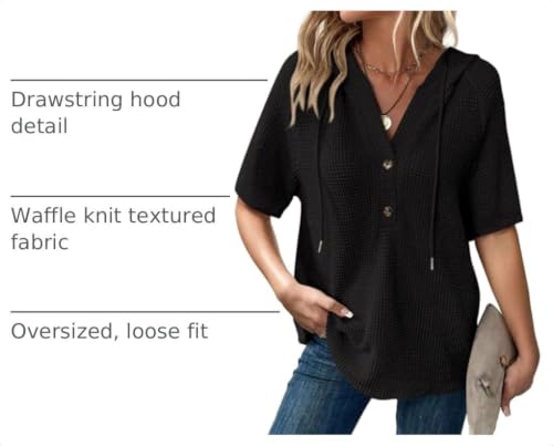Image of Dokotoo Womens Summer Tops Waffle Knit Short Sleeve Lightweight Drawstring Hoodies Button V Neck Casual Blouses Shirts