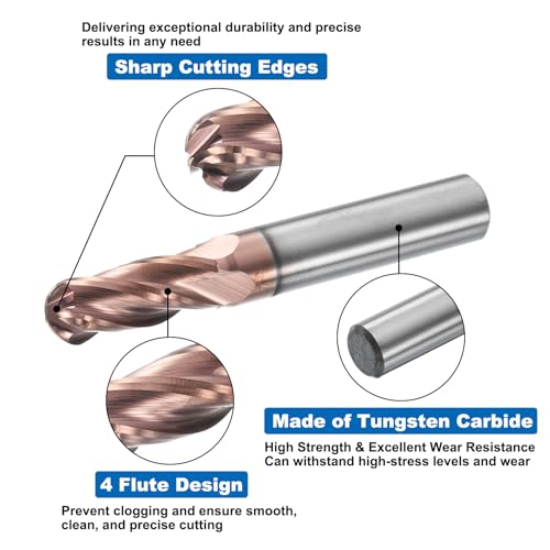 Image of HARFINGTON Ball Nose End Mill 4 Flute 11 /32 inch Diameter 3 /8 inch Shank Tungsten Carbide TICN Coated Spiral CNC Router Bits 7 /8 inch Cutting Length Single End Ball for Carving Engraving Grinding