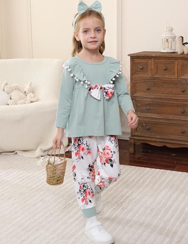 Image of mksodopy Toddler Girl Clothes Girl Fall Winter outfits Cotton Long Sleeves Ruffle Top Pants Little Girl Clothing Set