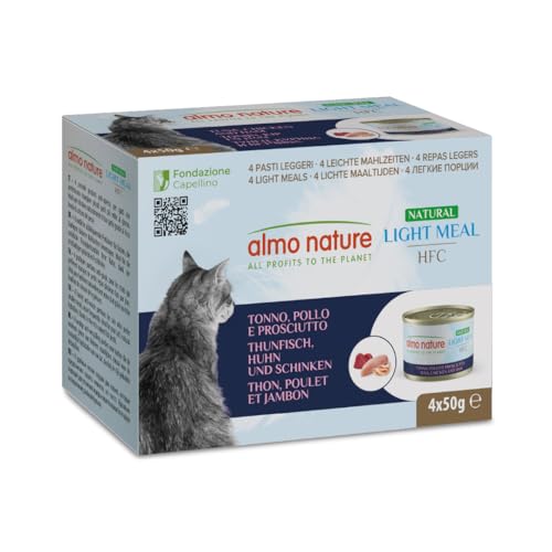 Almo Nature HFC Natural Light Meal - Alimento Umido per Gatti - Tonno, Pollo e Prosciutto - Human-Grade, Gluten-Free - 50g (Confezione da 4)