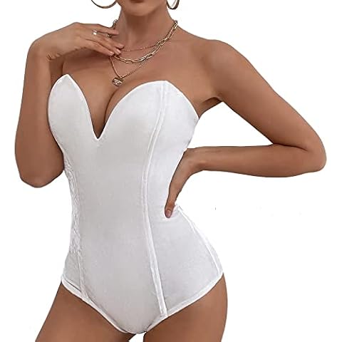 Clothink Women Strapless Velvet Bodysuit Back Lace Up Jumpsuit,Sexy Bodysuit Top Playboy Bunny Halloween Costume White XL Cover