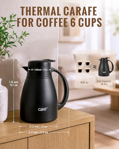 Image of GiNT Insulated Coffee Carafe 34 Oz, Small Stainless Steel Flask for Hot Coffee with Fully Washable Detachable Lid, Portable Thermal Pitcher One-Hand Push Button Tea Dispenser for Travel Camping Office