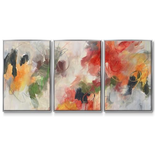 Renditions Gallery Abstract Wall Art Lines Colorful Watercolor Painting Artwork Modern Home Décor for Bedroom and Living Room Wall Decorations Silver 3 Pieces of Framed Canvas Prints 16x24 Inch LS008