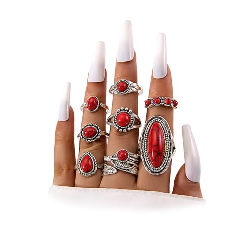Bagues de phalange vintage western pour concert style bohème turquoise et rouge