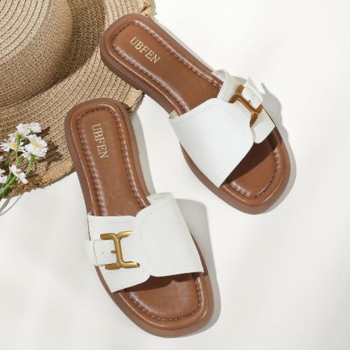 Image of UBFEN Womens Square Toe Flat Sandals Slides Dressy Comfortable for Beach