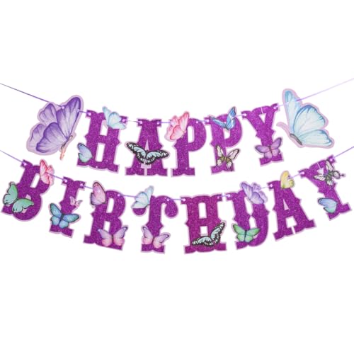 NHQ Feliz Cumpleaños,Mariposa Morada de Ensueño,Decoracion Cumpleaños,Guirnalda Cumpleaños,Fiesta Cumpleaños,Banderola de Feliz Cumpleaños,Decoración de Cumpleaños Infantil