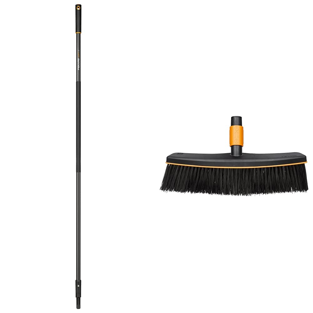 Fiskars Lang-Stiel für QuikFit Werkzeug-Köpfe, Länge: 156 cm Straßenbesen, Besenkopf, Breite: 38 cm, Kunststoff-Borsten