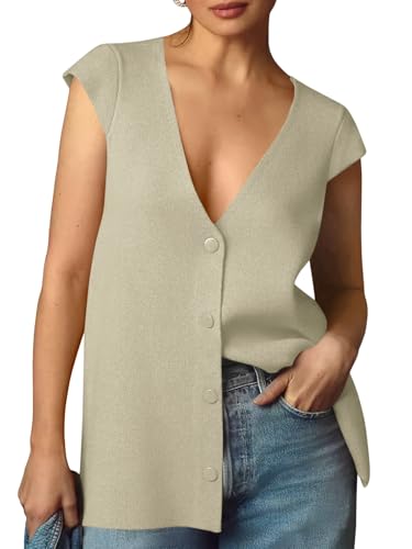 Image of Saodimallsu Womens Deep V Neck Sweater Vest Sleeveless Knit Button Up Loose Fit Cap Sleeve Trendy Summer Tops