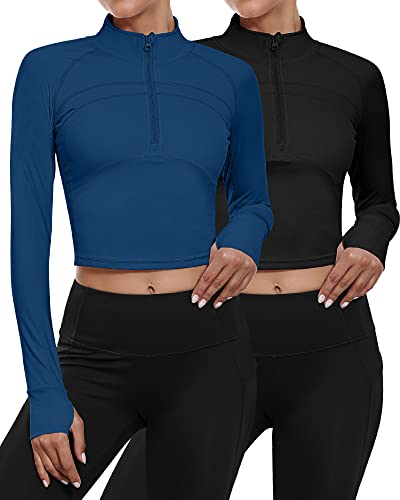 Neer 2 Pack Women's Workout Long Sleeve Jackets, 1/2 Zip Pullover Yoga Crop Tops Slim Fit Running Top With Thumb Holes (Black, Blue, Small) #TOP23