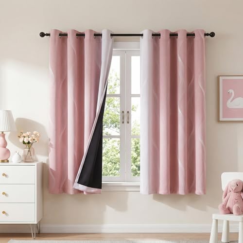 Image of MYSKY HOME Pink and Greyish White Blackout Short Ombre Curtains 54 inch Length for Girls Bedroom Privacy Protection Thermal Insulated Wave Line Foil Print Grommet Window Treatments, 52 inch W, 2 Pcs