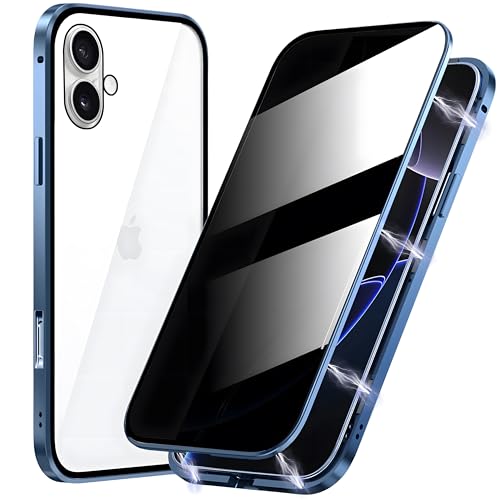 SCQRICY Magnetic Privacy Case for iPhone 16, Anti peep Magnetic Adsorption Double Side Tempered Glass Full Body Case Privacy Screen Protector Metal Titanium Frame Clear Back Phone Case Cover Blue