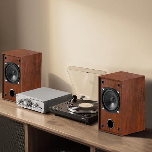 Image of Passive Bookshelf Speakers for Home Theater Surround Sound, Satellite Stereo Speakers with Classic Wood Grain for Record Player /Computer /TV, Wall Mountable, Cable Included, Wood Grain Color