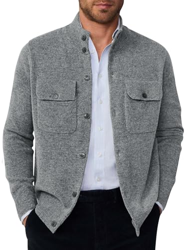 Runcati Mens Stand Collar Cardigan Sweater Button Down Long Sleeve Cardigan Jacket Casual Winter Knitted Sweaters Grey