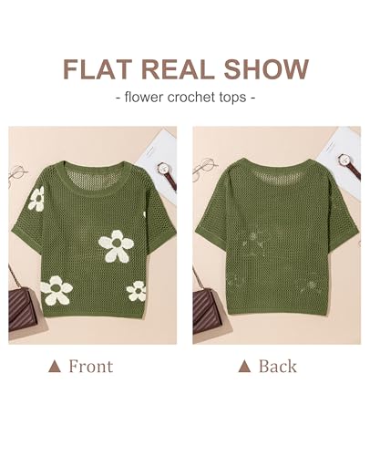 Image of SELINK Flower Crochet Tops for Women Short Sleeve Hollow Out Sweaters Swimsuit Cover Ups Lightweight Knit Pullover
