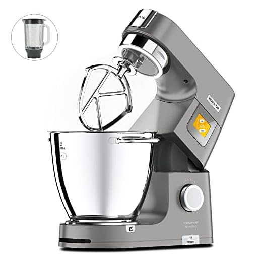 Kenwood Titanium Chef Pattissier - Robot de Cocina (1400 de potencia, bol de 7 litros y batidora de vaso de cristal incluidos, 4 herramientas, pantalla tactil), Color Plata