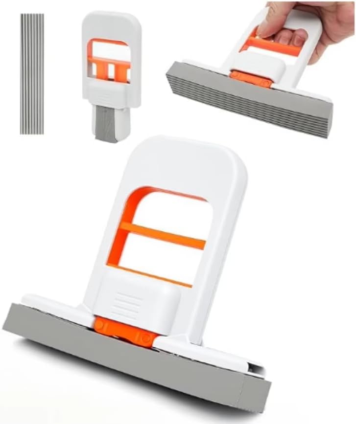 Handheld Mini Foldable Mop & Squeegee – Portable Sponge Cleaner for Kitchen Sink, Bathroom, Window Glass & Floor, Self-Squeezing Mop with Storage Holder