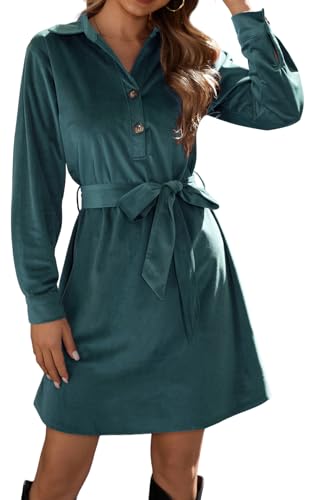 Arevill Women's Shirt Dresses Long Sleeve Button Dress with Belt, Elegant A-Line V-Neck Tie Waist Blouse Dress Casual Business Dress for Office & Daily Wear Green