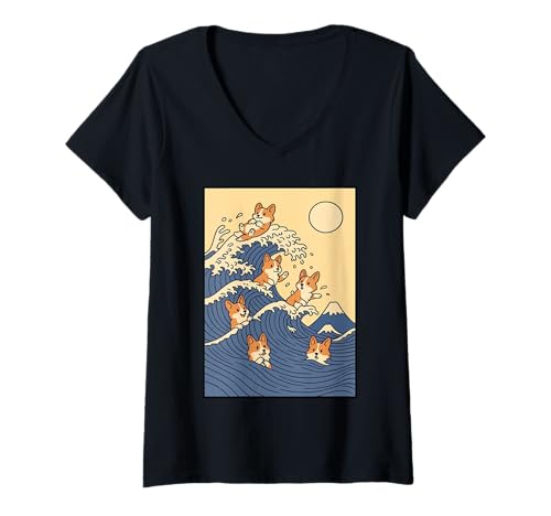 Mujer Corgi Great Wave Kawaii Anime Pet Welsh Corgi Arte japonés Camiseta Cuello V