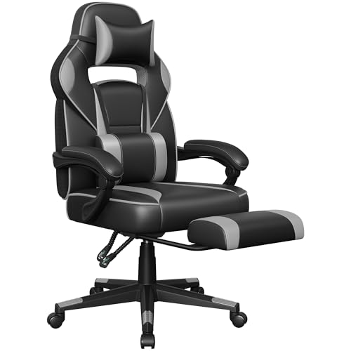 SONGMICS OBG073B03 Gaming Chair, Desk Chair with Footrest, Office Chair with Headrest and Lumbar Cushion, Height-Adjustable, Ergonomic, 90-135° Tilt Angle, Maximum Load 150 kg, Black/Grey