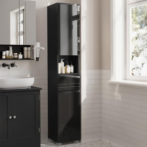 VASAGLE Tall Bathroom Cabinet Slim Storage Cabinet Narrow Cupboard Bathroom Storage Unit with a Drawer Adjustable Shelves 30 x 30 x 170 cm Ink Black BBC560B01