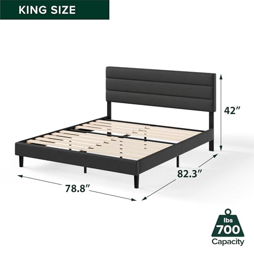 Image of Zinus King Piper Upholstered Platform Bed with Horizontal Paneled Headboard, Wooden Slat Support, No Box Spring Needed, Easy Assembly, Eco Friendly Packaging, Dark Grey