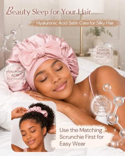 Image of BONNET QUEEN Silk Bonnet for Sleeping Women Hyaluronic Acid Infused Satin Bonnet for Curly Hair Double Layer Hair Wrap Adjustable Sleep Cap with Tie Band & Scrunchie, Pastel Pink & Rose Gold
