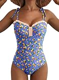 Herseas Women's One Piece High Cut Wire Free 2026 Summer Swimsuits Lace Up Straps Ruffled Trim Bathing Suits Fashionable Swim Outfits for Teen Girls Light Navy Citrus Print XX-Large
