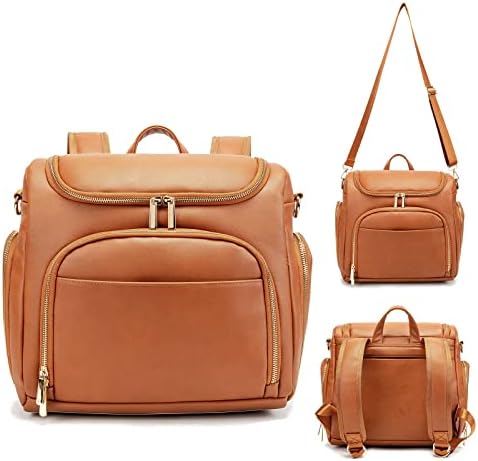 Leather Diaper Bag Backpack with Changing Pad - Multi-Function Large Capacity Baby Bag with Adjustable Shoulder Strap & Stroller Straps