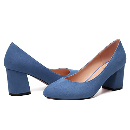 SKYSTERRY Womens Cute Round Toe Slip On Suede Wedding Block Mid Heel Pumps Shoes 2.5 Inch 6