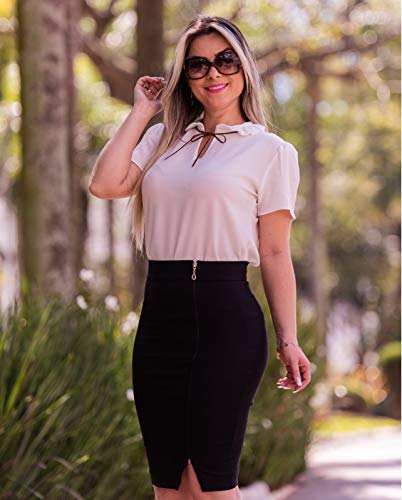 Blusa Feminina Social Gota Laço Manga Curta Moda Evangélica (M/40, Branco)