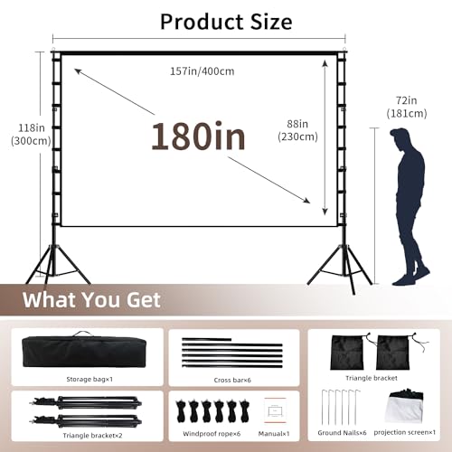Wootfairy TFQF-375 Projector Screen And Stand, Wootfairy 180 Inch Portable And Foldable Projection Screen 4K Hd 16:9 Rear Front Wrinkle-Free Movie Screen With Carry Bag For Indoor Outdoor Home Theater Backyard Cinema thumb #1