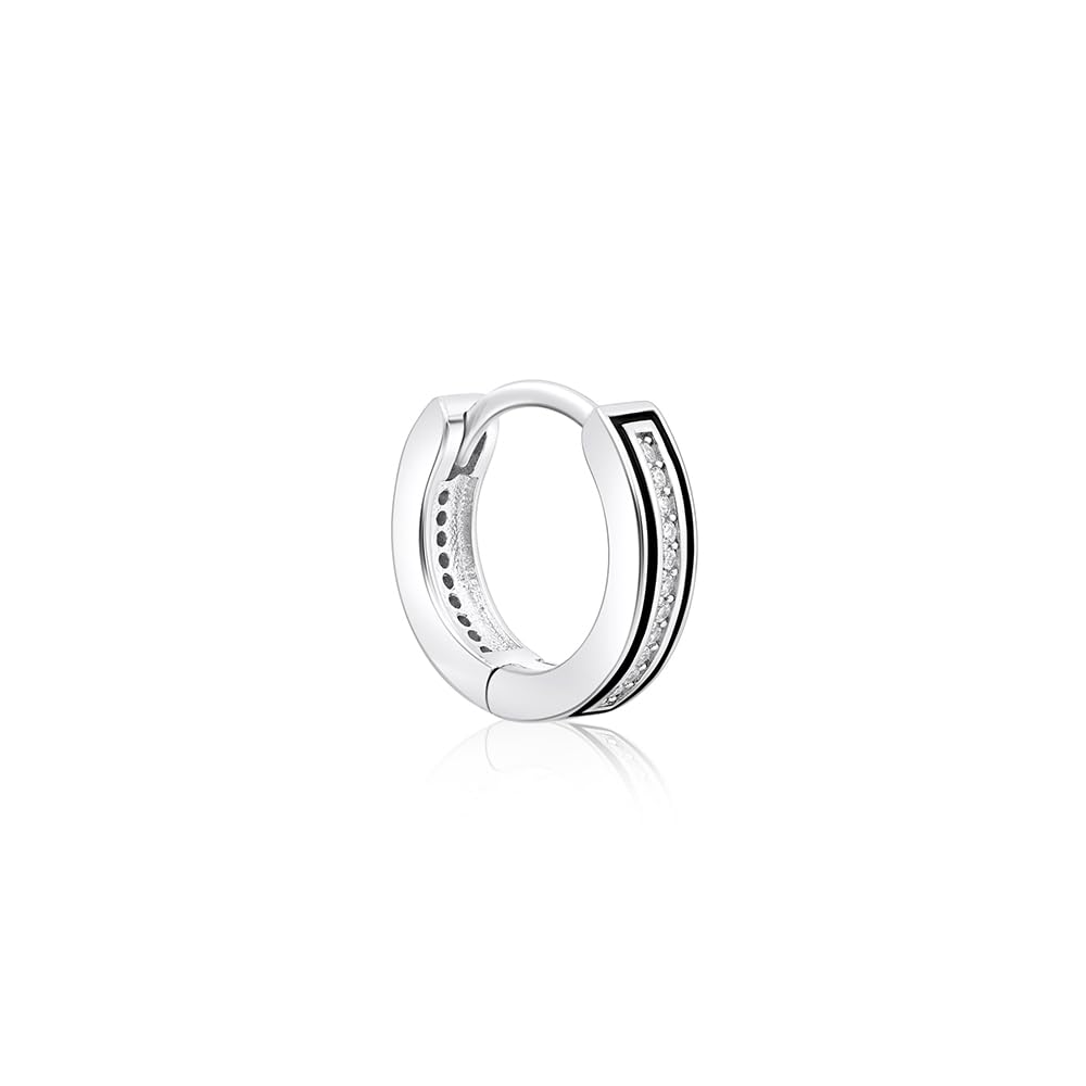 925 Silver Black Edge Pavé Huggie Hoops, Unisex Earrings | Channel-Set Cubic Zirconia Strip with Black Enamel Detail | Gifts for Women and Men | With Certificate of Authenticity
