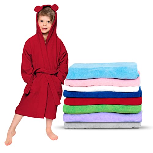 Twinzen - Albornoz Niños Algodón - Niño y Niña - 100% Algodón Oeko-Tex® - Bata de Baño 2 Bolsillos, Cinturón y Capucha, Rojo, 5-6 años, (size6)