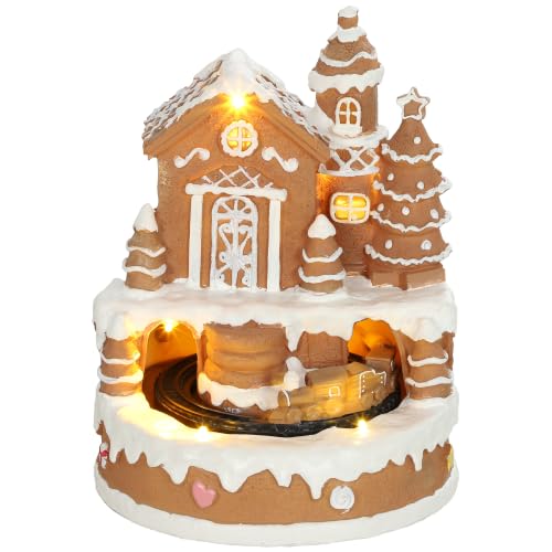 Image of HOMCOM Christmas Gingerbread House, Lighted Musical Snow Village, Tabletop