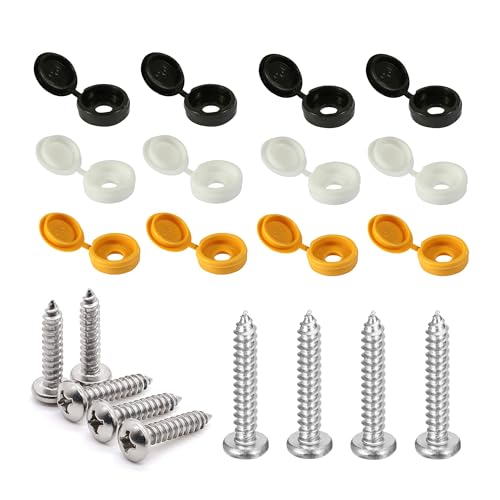 PREMIUM 24 Pcs UK Number Plate Fittings - White, Black and Yellow Screw Caps with Stainless Steel Screws - Car License Plate Fixing Devices - License Plate Screw Caps (4 of Each)