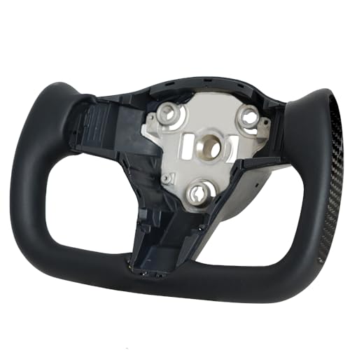 JIANGGAI Yoke Steering Wheel Black Microfiber Leather with Side Carbon Fiber fit for Tesla Model 3 2017-2023 Model Y 2019-2024 with Heating Function