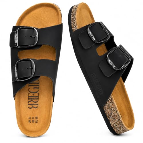 Image of Bregid Women Classic Black Nubuck Leather Sandals | Premium Cork and Eva Comfort Sole for Everyday Wear | Slip on Stylish Footwear with Durable Arch Support