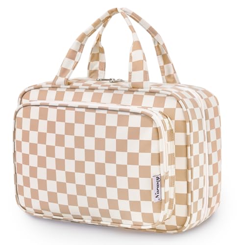 Narwey Travel Toiletry Bag for Women Large Hanging Makeup Bag Organizer Toiletries Bag for Full Size Essentials Accessories Cosmetics (Light Checkerboard (Large))