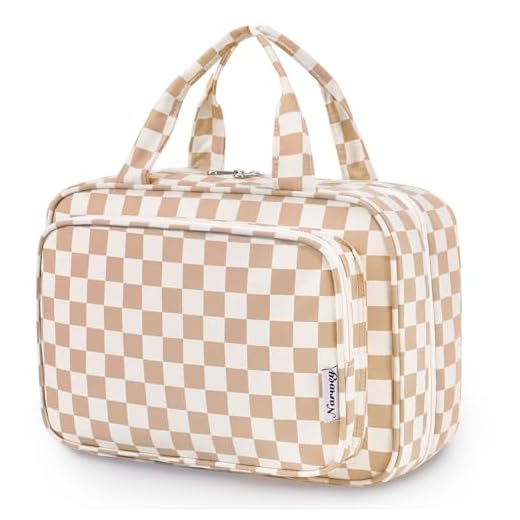 Travel Toiletry Bag for Women Large Hanging Makeup Bag Organizer Toiletries Bag for Full Size Essentials Accessories Cosmetics (Light Checkerboard (Large))