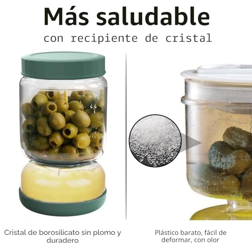 Miniatura 6 de Whiterhino Tarro De Vidrio Reversible Para Encurtidos Con Colador, 1l Recipiente De Reloj De Arena De Oliva, Soporte De Almacenaje De Pepinillos Boca Abajo, Tapa Hermética A Prueba De Fugas