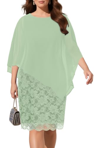 Pinup Fashion Kleider in Übergröße für Hochzeitsgäste – Mutter Braut halbformeller Spitzen-Umhang mit Chiffon-Overlay-Kleider, Salbeigrün, 52...