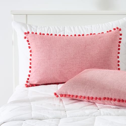 Image of 100% Cotton Pom Pom Cushion Without Filler, Elegant & Modern Cushion Cover for Living Room, Rectangle, 12 inchx20 inch, uni Chambray, Set of 3 - Viva Magenta