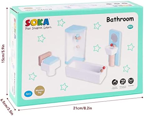 SOKA Wooden Bathroom Playset Pretend Play Doll House Furniture Set Realistic Miniature Display Model Figures Loo Bathtub Toilet Sink for Children Kids Girls Ages 3 year old +