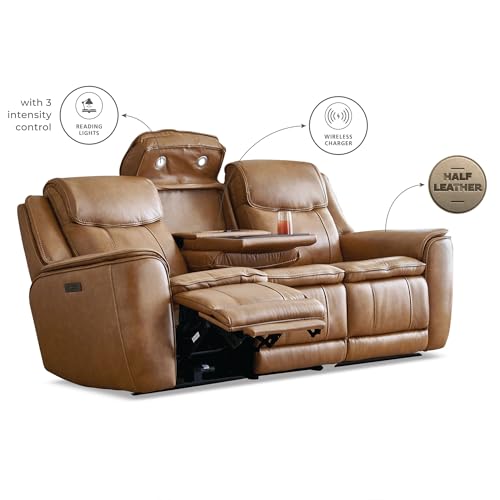 Image of Home Centre | Potsdam Half Leather 3-Seater Zero Gravity Electric Recliner | Recliner Sofa for Living Room | Solid Wood | Tan | 1 Year Warranty