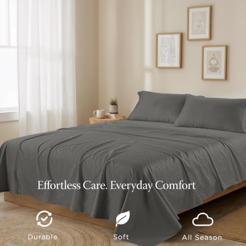 Image of Threadmill 300TC Cotton Queen Sheet Set, Sateen, Jacquard, Dark Grey | 100% Cotton, Sateen Weave, Jacquard Pattern, 4-Piece Set, 16 inch Deep Pocket, Cooling, OEKO-TEX Certified, Machine Washable