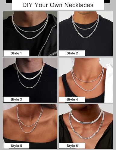 LOLIAS Silver Chain Necklace for Men Women - 6Pcs Stainless Steel Cuban Link/Rope/Box/Figaro/Herringbone/Wheat Chain Layered Stacked Necklace Set 16/18/20/22/24 Inches4
