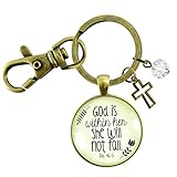 God is Within Her Cross Keychain For Women She Will Not Fall Christian Psalm Bronze Pendant Gift Card