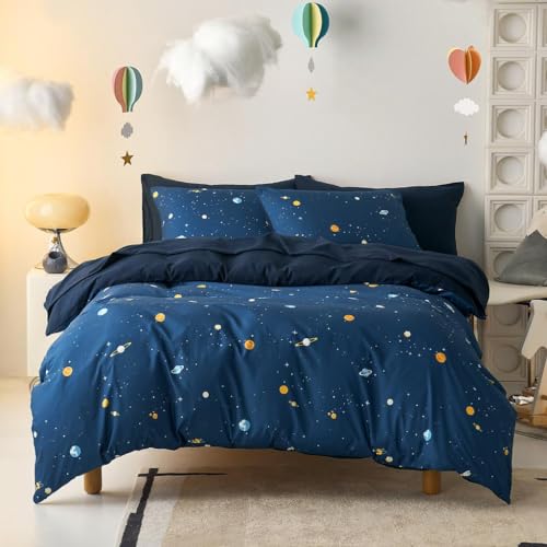 Wake In Cloud - Space Bedding Set for Boys Star Outer Space Galaxy Patterned Soft Lightweight Comforter Set with Sheets 5 Pieces Kids Bed in a Bag Navy Blue Twin Size