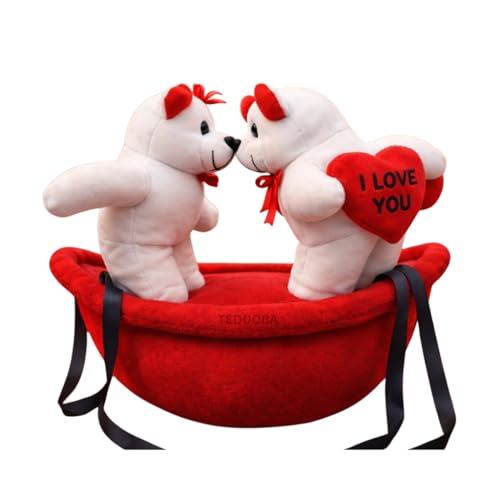 Image of Teddy Bear Couple on Boat Soft Toy for Girls Boys Kids, Heart Plush Stuffed Baby Gift Birthday, 28 cm